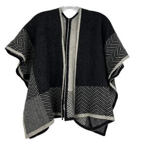 Women's Wool Open Front Cardigan Gray/Black Herringbone Casual Shawl Size S/M
